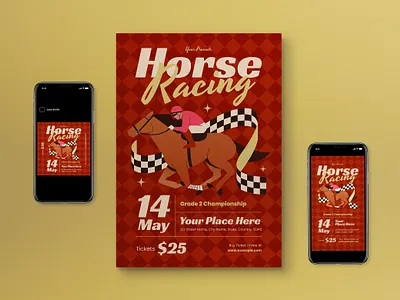 Red Vintage Horse Racing Flyer Set event game graphicook graphicook studio horse racing horse racing event red sport vector vintage vintage style