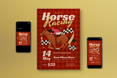 Red Vintage Horse Racing Flyer Set event game graphicook graphicook studio horse racing horse racing event red sport vector vintage vintage style