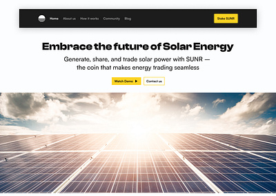 Hero section for Sunergy hero page hero section solar design solar system stake web3 web3 design web3 website design website design yellow colour