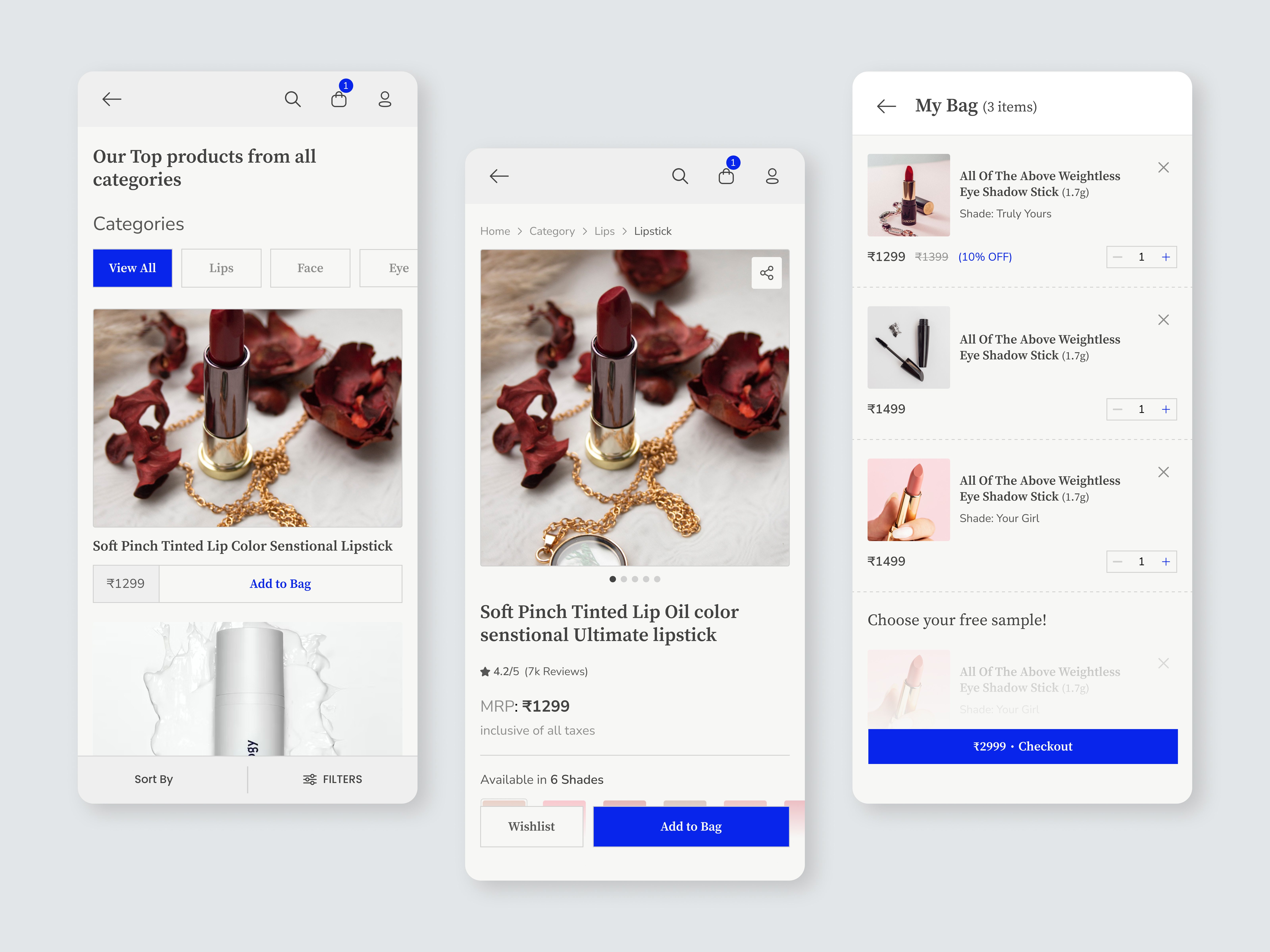 Luxury Cosmetics Brand Mobile App add to cart app design cart details page cart ui checkout page cosmetic brand design detail cart figma filter luxury app ui my bag my cart product description page product listing page shopping app ui ui ux