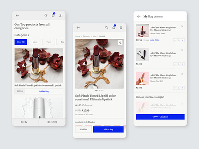 Luxury Cosmetics Brand Mobile App add to cart app design cart details page cart ui checkout page cosmetic brand design detail cart figma filter luxury app ui my bag my cart product description page product listing page shopping app ui ui ux