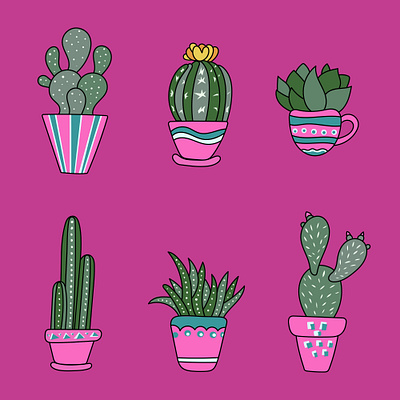 A set of cute cactus plants in flower pots app branding design graphic design illustration logo typography ui ux vector