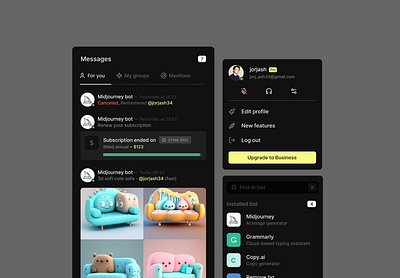 AI Collection UI Comp 3d app cards clean concept dark design elements illustration logo massages minimal payment plan profile subscriptiion ui ui componnents ui design uiux