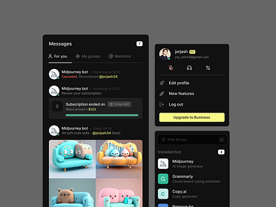 AI Collection UI Comp 3d app cards clean concept dark design elements illustration logo massages minimal payment plan profile subscriptiion ui ui componnents ui design uiux