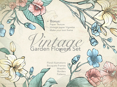 Vintage Garden Flowers bouquets design assets designer kit drawing floral floral design floral design resources flower illustration for designers frames freehand illustration lilly illustration pattern poppy illustration vintage vintage flowers vintage flowers illustration wedding kit wreath