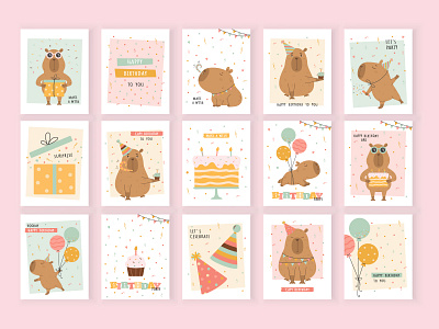 Capybara Birthday card collection birthday birthday card birthday party capy capybara design graphic design greeting card illustration poster print