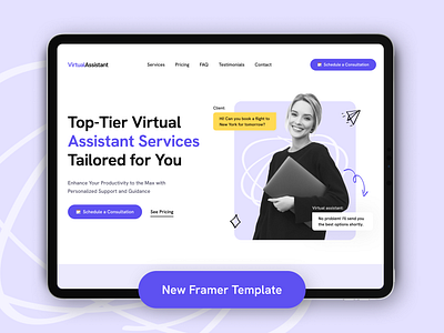 Virtual Assistant Framer Template agency branding cartoon clean collage illustration minimal onepager portfolio purple small business uidesign virtual assistant website yellow