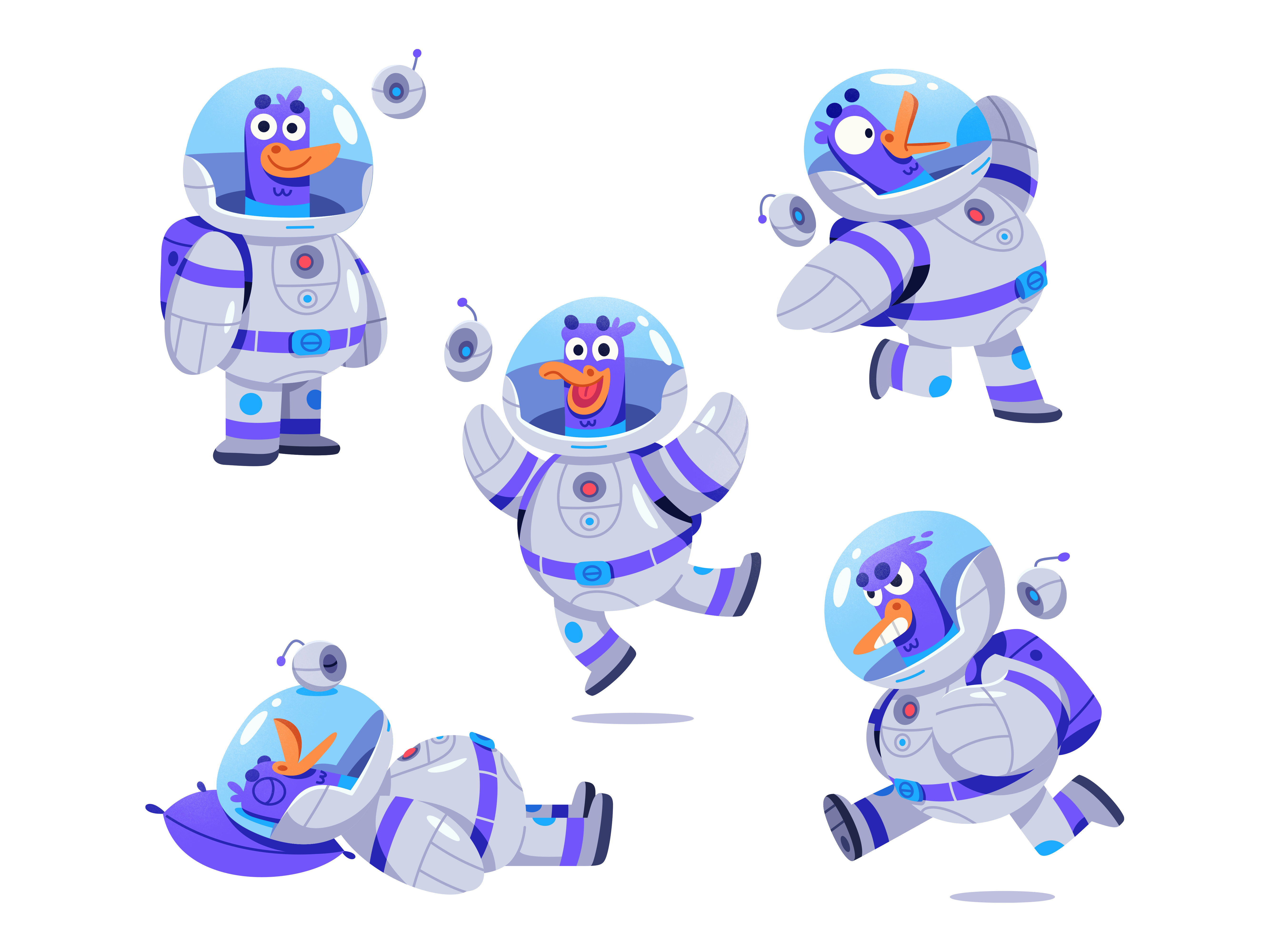 Astroduck Mascot action art astronaut cartoon character cosmonaut duck emotion expressions illustration mascot pose robot space spacesuit vector