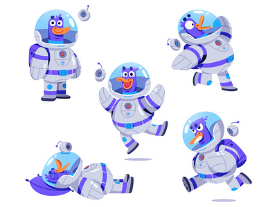Astroduck Mascot action art astronaut cartoon character cosmonaut duck emotion expressions illustration mascot pose robot space spacesuit vector