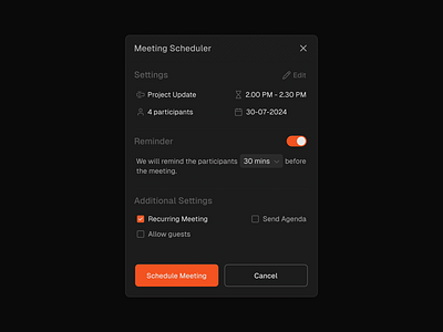 Meeting Scheduler UI appui clean dark darkmode design figma meet meeting minimal orange simple ui video videochat