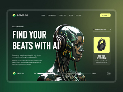 Roboroid Music AI Web Landing Page 3d ai clean design ecommerce headphone landing page landing page design modern music ui ui design ui ux design web design website design