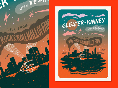 Poster Artwork Illustration for Sleater-Kinney 2024 Tour artwork city illustration cleveland color concert gradient overlay poster risograph rock and roll screenprint starry night