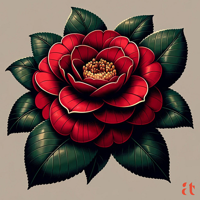 Camellia's Elegance by Aravind Reddy Tarugu aravind art botanical camellia design detailed floral graceful green illustration leaves lush nature petals red reddy serene symmetrical tarugu vector