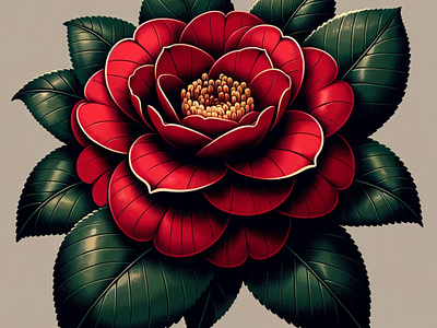 Camellia's Elegance by Aravind Reddy Tarugu aravind art botanical camellia design detailed floral graceful green illustration leaves lush nature petals red reddy serene symmetrical tarugu vector