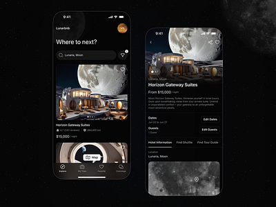 Lunarbnb - Hotel Booking on the Moon app black darkmode hotel hotel booking ios luxury mobile moon space traveling ui ux