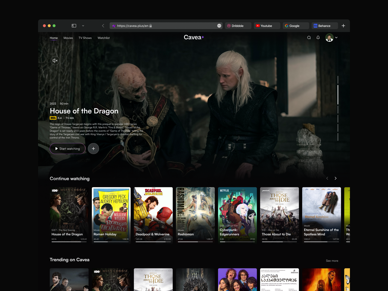 Movie dashboard design - Landing page design for CaveaPlus design disney figma films graphic design hbo hulu landing movies netlflix streaming streaming platform ui ux website