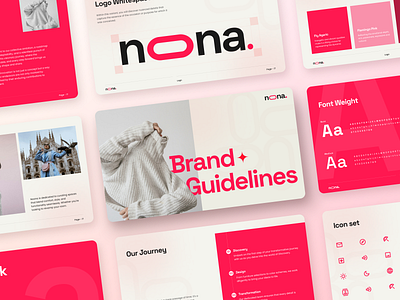 Noona - Brand Guidelines - Screen Collage brand branding company design document font weight graphic design guideline icon set logo pink presentation preview section slides startup team title typography ui