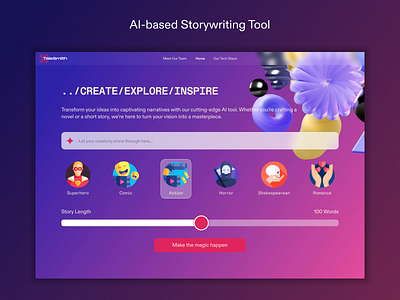 TaleSmith - AI-based Storytelling Tool - Landing Page Design ai artificial intelligence chatgpt glassmorphic landing page modern project storywriting ui