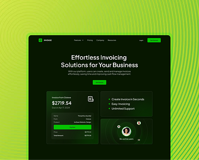 Hero section for InvEase graphic design invoicing product design saas ui user experience ux website