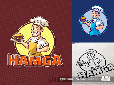 Cartoon Hamburger Chef Mascot Logo logo mascot meal retro