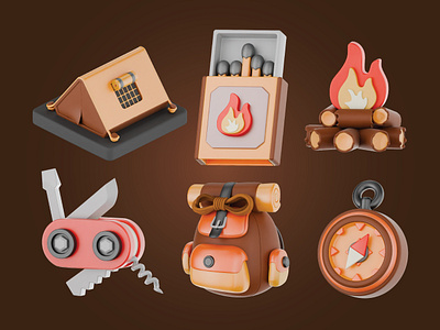 Camping Life and Outdoor 3D Icons Pack 3d icons adventure blender bonfire camping camping logo compass design fishing graphic design hiking icon icons pack obj outdoor swiss knife tent