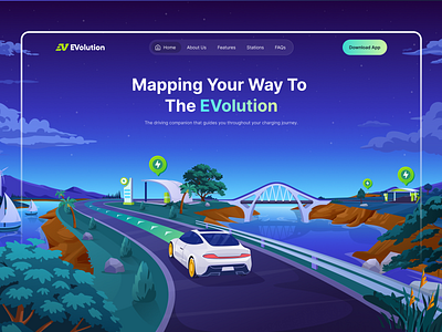 EVolution - Charging Stations App Landing Page ⚡️ branding car car head unit charging clean dashboard design display electric vehicle ev graphic design illustration landing page logo map orely stations tesla ui web