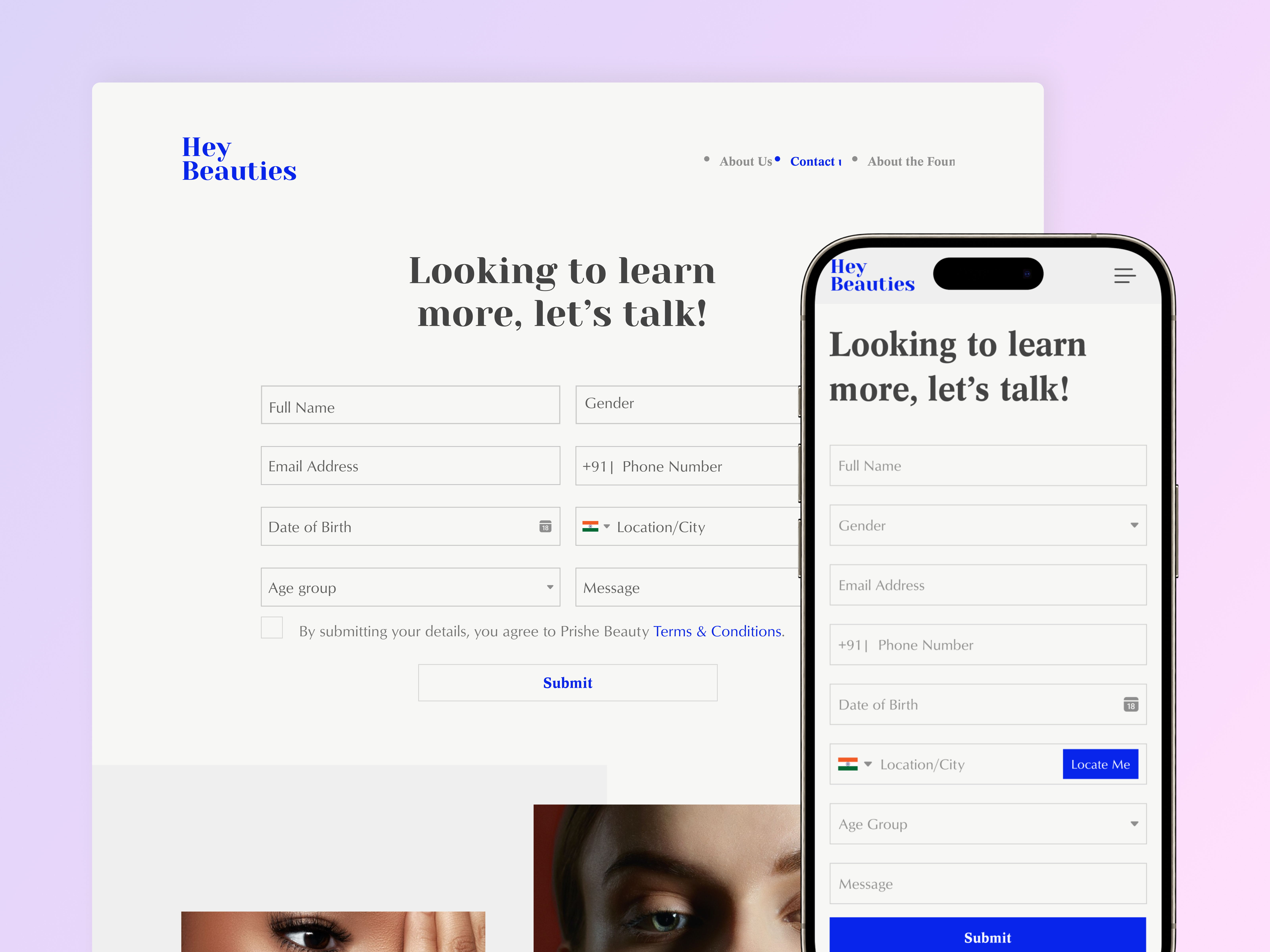 Hey Beauties - Contact Us Page app design beauty advice beauty brand client project contact us contact us app contact us page contact us ui customer support e commerce responsive design skincare products ui ui design ux