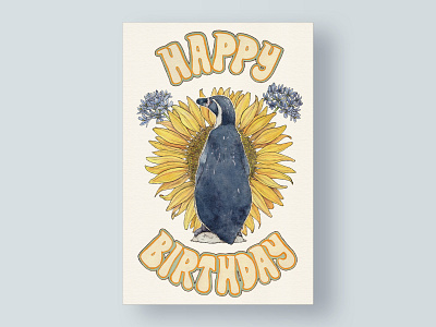 August Birthday Card Illustration animal birthday greeting card illustration penguin postcard watercolor