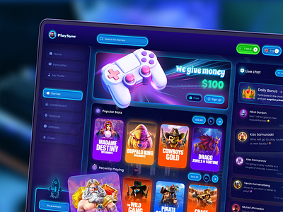 PlaySync Gaming Dashboard - UX/UI Design casino dashboard gambling game game dashboard games game ux gaming gaming dashboard gaming design gaming interface gaming ui homepage play playing games ui uiux ux