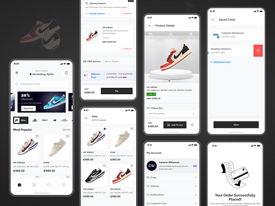 Shoes Store App add new card screen animation bottom navigation bar branding creative splash screen dark theme shoes splash screen designcommunity designinspiration e commerce filter screens footwearfashion graphic design home screen design logo motion graphics product detail screen profile screen shoes app successfully order placed screen trending splash screen design ui