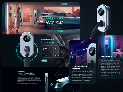 Electric fast charging home station, website black charging station concept device graphic design iot landing neon ui website