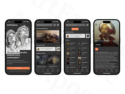 ArtExpose: Elevating the Art Gallery Experience art art gallery artist artworks black clean collection dark exibition gallery minimalistic mobile mobile app modern museum paint ui ux