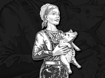Woman farmer agriculture black and white country engraving face farmer female girl hand drawing hatching illustration line art linocut pig piglet realistic retro vector woman woodcut