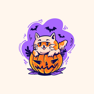 Cute cat emerges from inside a pumpkin animation cartoon character graphic design logo