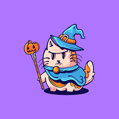 Witch cat holding magic wand art branding cartoon graphic design illustration logo