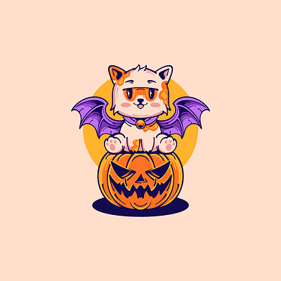 Winged cat sitting on a pumpkin branding cartoon character graphic design illustration