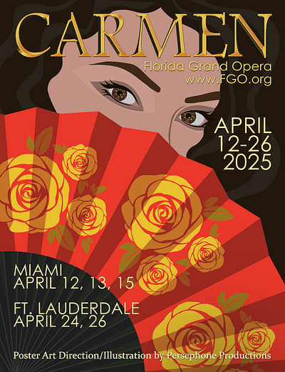 Carmen at the Florida Grand Opera, April 2025 art direction branding carmen cartoon woman digital art event poster florida gig poster graphic art graphic design illustration illustrator opera spanish fan spanish woman