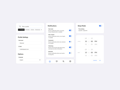 Reading App settings components application buttons component design inspiration figma flat design light theme menu minimal design minimalist modern notification profile settings reading app settings screen sleep mode time set ui ux