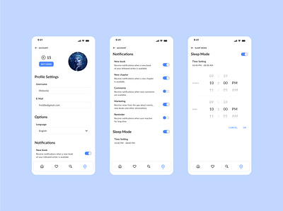 Reading App settings application buttons components design inspiration figma light theme menu minimal design minimalis modern notifications profile settings reading app settings screen sleep mode ui ux