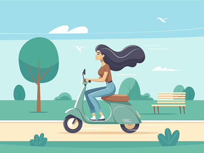 Woman riding scooter. Flat vector illustration blue design flat green illustration motorcycle park people riding scooter summer travel vector vehicle woman