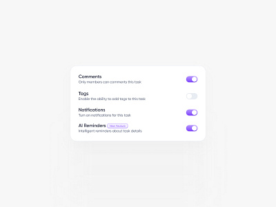 Settings 🪄 black clean component daily dailyui design dialog figma gray minimal modal purple switch toggle ui uiux ux white