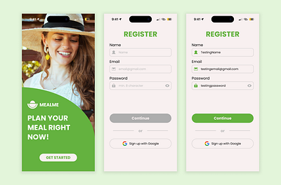 Sign Up Screen: Mealme - Meal Planner Application ui