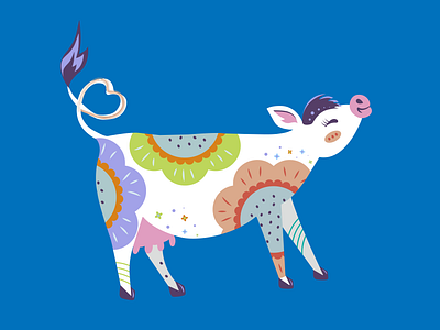 The character is a cow adobe illustrator animal branding cow design farm flowers graphic design illustration logo milk production tale the character typography ui vector