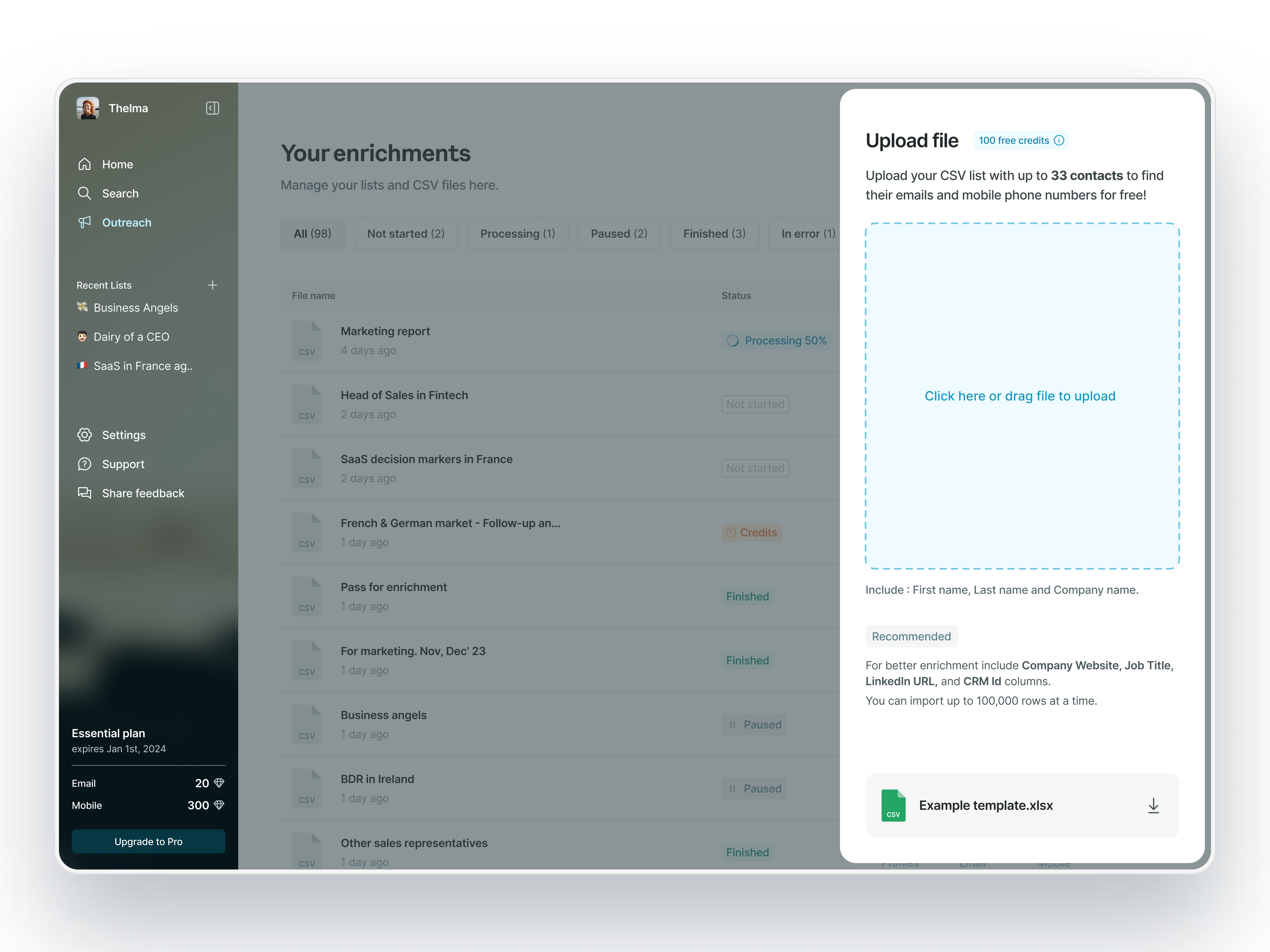 Example of Upload file — Surfe UI