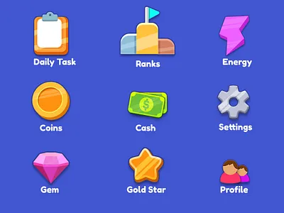 Casual Game UI Set, Game Elements cash coin daily task icon design flash icon game game coins treasure game illustrations game interfgace game ui gem gold coins illustration leaderboard icon