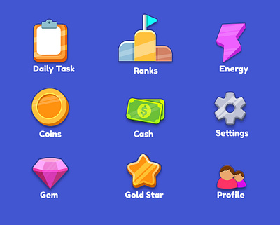 Casual Game UI Set, Game Elements cash coin daily task icon design flash icon game game coins treasure game illustrations game interfgace game ui gem gold coins illustration leaderboard icon