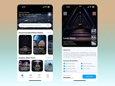 Moonio Booking | Mobile App app booking booking app design hotel hotel booking mobile app moon space ui vacation