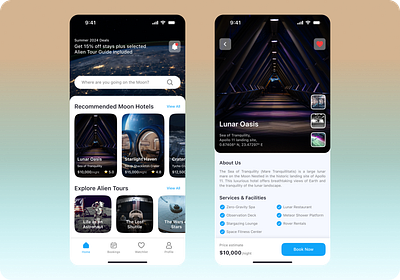 Moonio Booking | Mobile App app booking booking app design hotel hotel booking mobile app moon space ui vacation