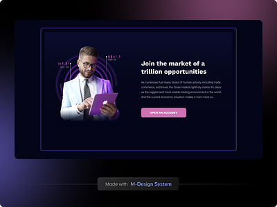 Content Section for Finance Landing | M-Design System 3d ads app promo black website components dark mode dark website design system finance fintech graphic design landing landing page promo promotion trading ui ui kit web website