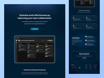 Landing Page Design for Project Collaboration Tool clean collaboration tool dark dark mode dark theme kanban landing page linear design management app minimal product design productivity project management task manager team chat ui ui design visual design web web design